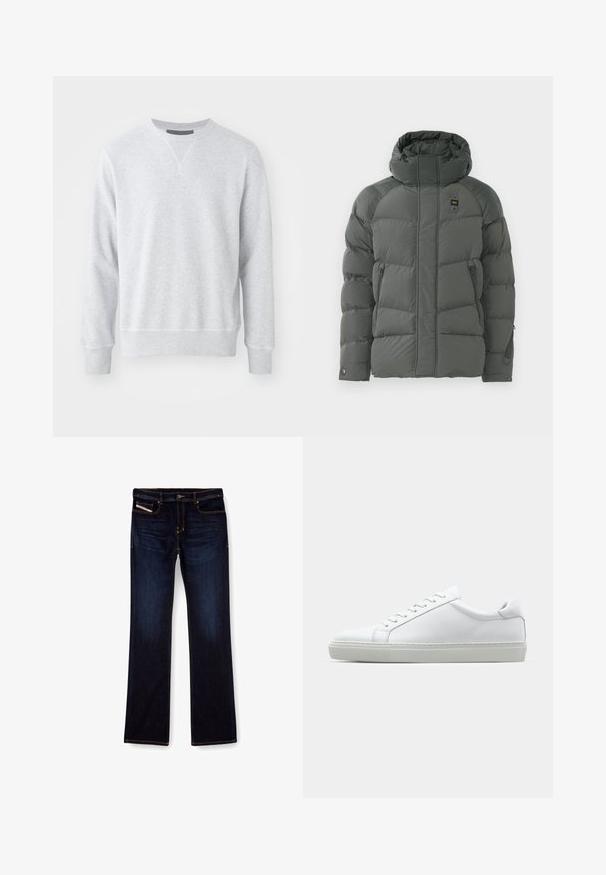 Pamučena kaputa s kapuljačom u tamnosivoj boji, koja ima bočne džepove na zatvarač, glatku teksturu i izdržljivu tkaninu s mat završnom obradom.; Svijetlosiva dukserica izrađena od mekog materijala, s okruglim izrezom, dugim rukavima i rebrastim manžetama i porubom. Glatka tekstura s minimalnim dizajnom.; Tamno plave traperice ravnog kroja, s narančastim šavovima, patentnim zatvaračem i prednjim džepovima. Glatka tekstura i standardni pojas.; Bijela tenisica s glatkim kožnim gornjim dijelom i niskim profilom. Ima zaobljen vrh, šest rupica za vezanje i teksturiranu gumenu podlogu.