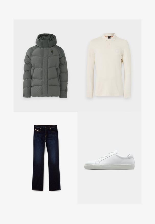 Padded hooded jacket in dark gray, featuring zippered side pockets, a smooth texture, and a durable fabric with a matte finish.; Long-sleeve polo shirt in light beige, made of smooth fabric, featuring a polo collar, two-button placket, and a small logo patch on the chest.; Dark blue denim jeans with a straight leg cut, featuring orange stitching, a zip fly, and front pockets. Smooth texture and standard waistband.; White sneaker with a smooth leather upper and a low profile. Features a rounded toe, six eyelets, and a textured rubber sole.