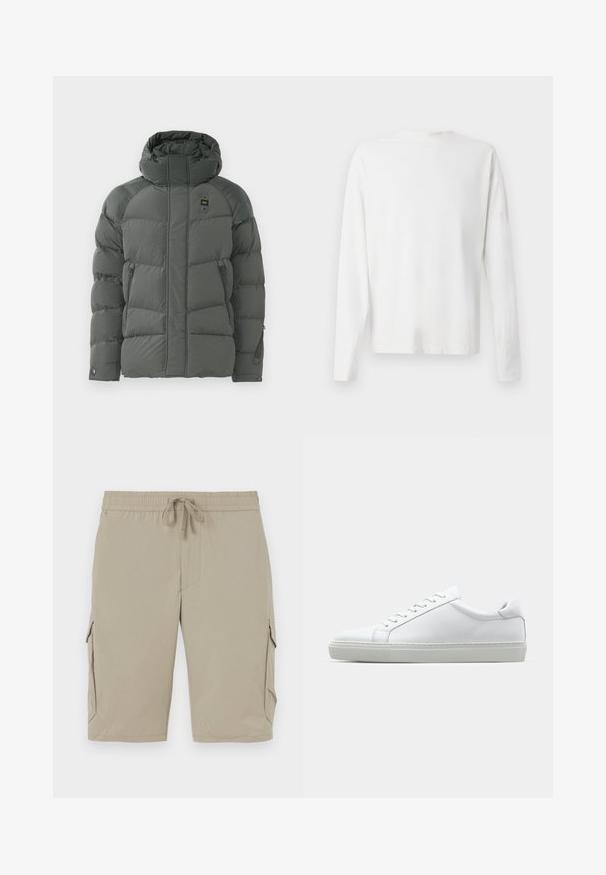 Jacket com capuz acolchoado em cinza escuro, com bolsos laterais com fecho éclair, uma textura suave e um tecido durável com um acabamento mate.; Camisa de algodão branca de mangas longas com decote redondo, fendas laterais na parte inferior e uma textura suave, mostrada de trás.; Bermuda bege com cintura elástica e cordão. Apresenta bolsos laterais e um tecido liso e leve.; Sapatilha branca com um cabedal em couro liso e de perfil baixo. Apresenta um bico redondo, seis ilhoses e uma sola de borracha texturizada.