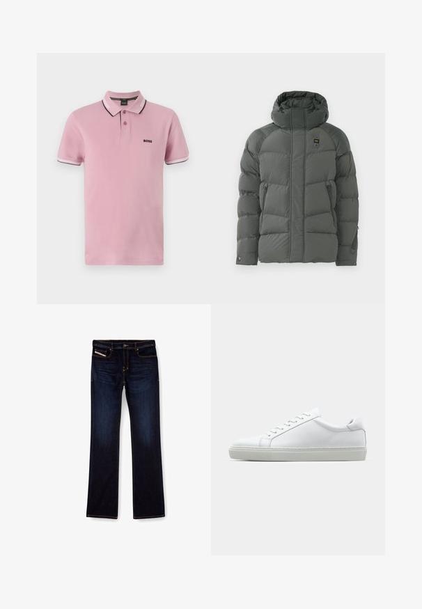 Párnázott kapucnis dzseki sötétszürke színben, cipzáras oldalsó zsebekkel, sima textúrával és strapabíró, matt felületű anyaggal.; Világos rózsaszín pamut pólóing klasszikus gallérral, három gombos pánttal, és kontrasztos fehér és sötét csíkos díszítéssel a mandzsettákon.; Sötétkék farmernadrág egyenes lábbal, narancssárga varrással, cipzáras sliccsel és elülső zsebekkel. Simább tapintású és standard derékkal rendelkezik.; Fehér sportcipő sima bőr felső résszel és alacsony profilsal. Kerek orr, hat fűzőlyuk és barázdált gumitalp jellemzi.