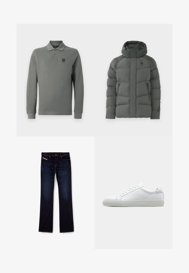 Párnázott kapucnis dzseki sötétszürke színben, cipzáras oldalsó zsebekkel, sima textúrával és strapabíró, matt felületű anyaggal.; Hosszú ujjú pólóing olíva zöld színben, texturált anyagból készült, háromgombos nyakkivágással és logóval ellátott folttal a mellrészen.; Sötétkék farmernadrág egyenes lábbal, narancssárga varrással, cipzáras sliccsel és elülső zsebekkel. Simább tapintású és standard derékkal rendelkezik.; Fehér sportcipő sima bőr felső résszel és alacsony profilsal. Kerek orr, hat fűzőlyuk és barázdált gumitalp jellemzi.