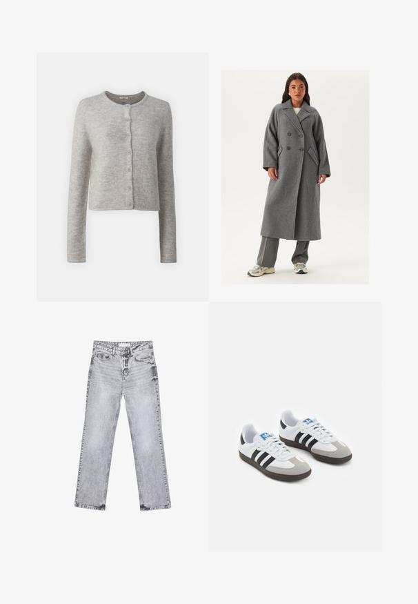 Dubbelknäppt grått yllekappa med vida revers, stora knappar och sidofickor. Lång, strukturerad silhuett med en mjuk textur.; Gina Tricot CARDIGAN - Kofta - light grey melange; Vit ribbad linne med rund halsringning och ärmlös design, med en rak nederkant och en smidig, elastisk textur.; Grå denimjeans med rak benpassform, slitna detaljer, fem fickor och kopparnitar. Midjan har en logotagg.; Sportskor med överdel i vit läder, grå mocka på tårna och tre svarta ränder. Har en blå logotyp på tungan och en texturerad gummisula.