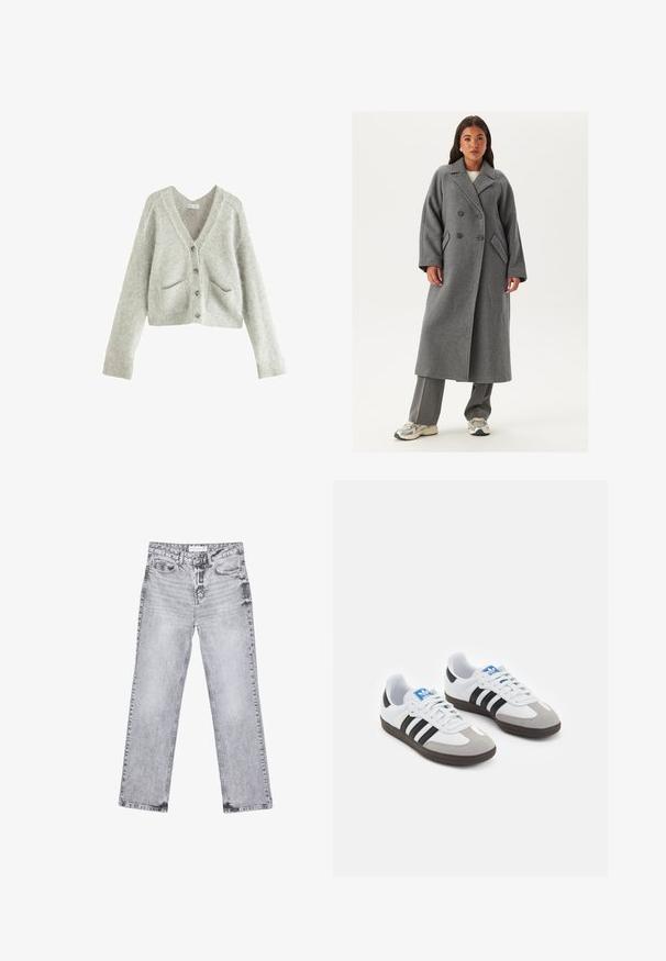 Dvouřadový šedý vlněný kabát s širokými klopami, velkými knoflíky a bočními kapsami. Dlouhá, strukturovaná silueta s měkkou texturou.; Svetle šedý zkrácený kardigan vyrobený z měkké, texturované látky. Má hluboký V-výstřih, pět knoflíků a dvě přední kapsy.; Bílý žebrovaný tílko s kulatým výstřihem a bezramínkovým designem, s rovnými lemy a hladkou, elastickou strukturou.; Šedé džíny z denimu se střihy rovnými nohavicemi, s poškozenou úpravou, pěti kapsami a měděnými nýtky. Pasová část obsahuje logo štítek.; Sportovní boty s bílým koženým svrškem, šedou semišovou špičkou a třemi černými pruhy. Obsahují modré logo na jazyku a texturovanou gumovou podrážku.