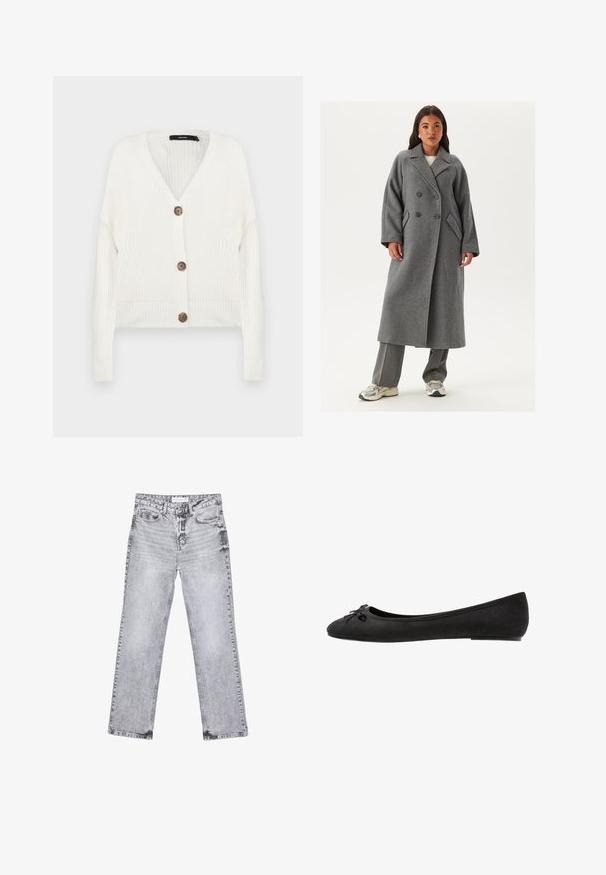 Double-breasted grey wool coat with wide lapels, large buttons, and side pockets. Long, structured silhouette with a soft texture.; White knitted cardigan with long sleeves, v-neck, and five brown buttons at the front; features ribbed cuffs and hem. Textured fabric.; White ribbed tank top with a round neckline and sleeveless design, featuring a straight hem and a smooth, stretchy texture.; Gray denim jeans with a straight-leg cut, distressed detailing, five pockets, and copper rivets. Waistband features a logo tag.; Black suede ballet flats with a rounded toe, featuring a decorative bow on the front and a flat sole design. Smooth texture and classic shape.