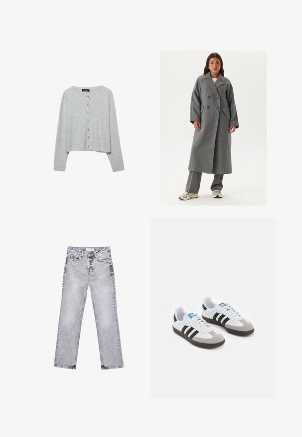 Dobbeltradet grå uldfrakke med brede klapper, store knapper og sidelommer. Lang, struktureret silhuet med en blød tekstur.; Lys grå cropped cardigan lavet af ribstrikket materiale, med en rund halsudskæring og seks matchende knapper foran.; Hvid ribbet tanktop med rund halsudskæring og ærmeløs design, med en lige kant og en glat, strækbar tekstur.; Grå denim jeans med lige ben, distressed detaljer, fem lommer og kobbernitter. Taljebåndet har et logomærke.; Sportsko med en overdel i hvid læder, grå ruskind på tåen og tre sorte striber. Har et blåt logo på tungen og en struktureret gummisål.