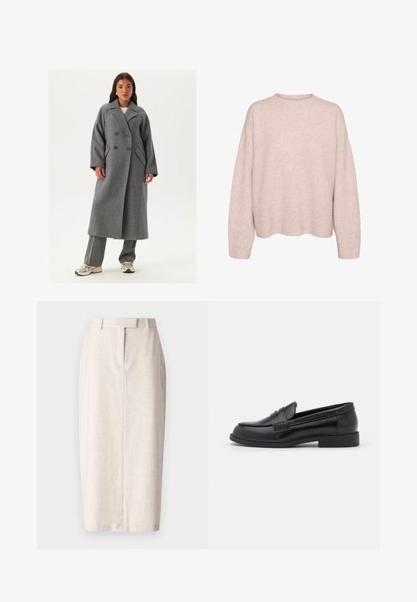 Cappotto grigio in lana doppiopetto con ampi revers, grandi bottoni e tasche laterali. Silhouette lunga e strutturata con una texture morbida.; Maglione lavorato a maglia rosa chiaro con maniche lunghe, polsini e orlo a coste, e colletto rotondo a girocollo, presentato su uno sfondo bianco.; Gonna a matita beige, design sartoriale con linee pulite, realizzata in tessuto testurizzato, caratterizzata da un taglio a lunghezza media e spacco posteriore.; Mocassini in pelle nera con una superficie liscia, punta rotonda, dettagli cuciti sulla tomaia e suola piatta in gomma bassa.