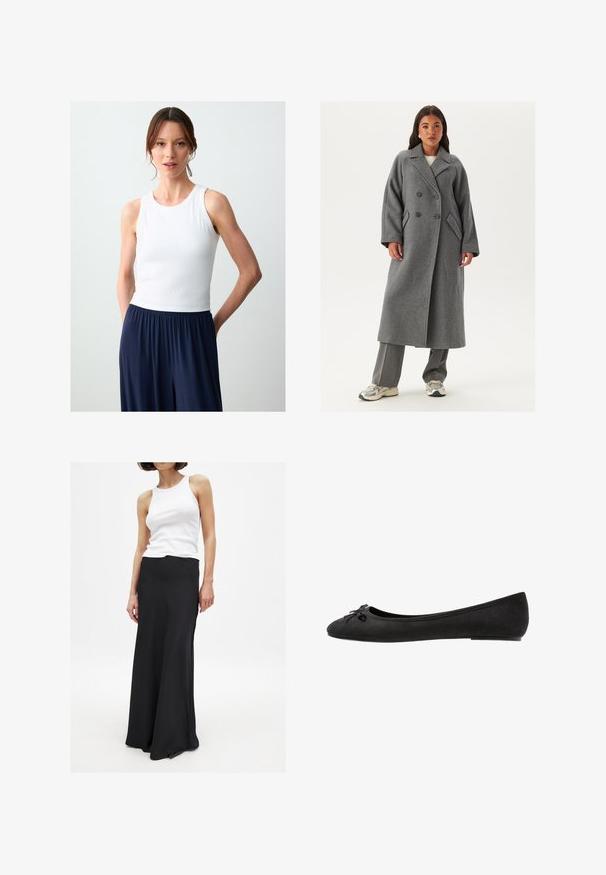 Dwurzędowy szary wełniany płaszcz z szerokimi klapami, dużymi guzikami i bocznymi kieszeniami. Długa, wyrafinowana sylwetka z miękką fakturą.; Jasnoróżowy, długi sweter dzianinowy z rękawami, ribbami przy mankietach i u dołu oraz okrągłym dekoltem, prezentowany na białym tle.; Biały prążkowany top na ramiączkach z okrągłym dekoltem, w połączeniu z luźnymi granatowymi spodniami. Tkanina z mieszanki bawełny ma miękką fakturę.; Czarna spódnica do podłogi wykonana z gładkiego materiału, z dopasowanym stanikiem i lekko rozszerzającym się dołem. Połączona z białym topem na ramiączkach.; Czarne zamszowe baletki z okrągłym noskiem, z dekoracyjną kokardką z przodu i płaską podeszwą. Gładka tekstura i klasyczny kształt.