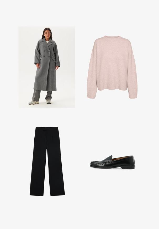 Dubbelzijdig grijs wollen jasje met brede revers, grote knopen en zijzakken. Lange, gestructureerde silhouet met een zachte textuur.; Lichtroze, lange mouw gebreide trui met geribde manchetten, zoom en een ronde ronde halslijn, weergegeven tegen een witte achtergrond.; Zwarte wijde broek van gladde stof, met een ritssluiting aan de voorkant en twee plooien voor extra detail. Over het geheel een nauwkeurige pasvorm.; Zwarte leren loafers hebben een moccasin-stijl bovenwerk met verhoogde stiksels en een platte rubberen zool. Het ontwerp is minimalistisch zonder zichtbare versieringen.