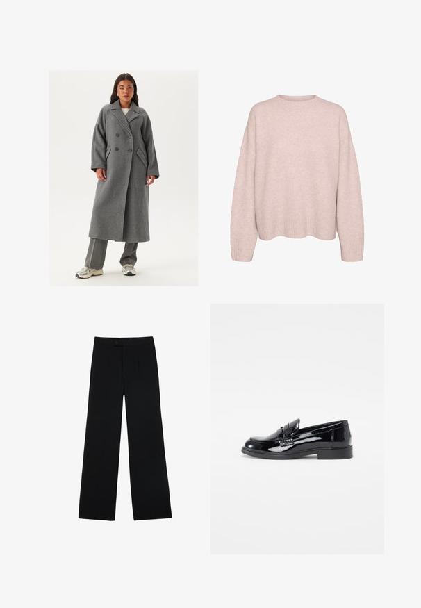 Dvouřadový šedý vlněný kabát s širokými klopami, velkými knoflíky a bočními kapsami. Dlouhá, strukturovaná silueta s měkkou texturou.; Svetle růžový, dlouhý pletený svetr s žebrovanými manžetami, lemem a kulatým výstřihem, vystavený na bílém pozadí.; Černé kalhoty širokého střihu vyrobené z hladkého materiálu, s předním zapínáním na knoflík a dvěma sklady pro zvýraznění detailu. Celkově střižený design.; Černé lakované kožené mokasíny s kulatou špičkou, zvýrazněným švem a plochou gumovou podrážkou. Hladký povrch s lesklým finišem.
