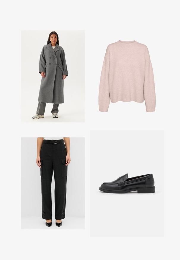 Doppelreiher grauer Wollmantel mit breiten Revers, großen Knöpfen und Seitentaschen. Lange, strukturierte Silhouette mit weichem Griff.; Helle rosa Strickpullover mit langen Ärmeln, gerippten Bündchen, Saum und rundem Rundhalsausschnitt, auf einem weißen Hintergrund präsentiert.; Schwarze Cargo-Hosen mit geradem Schnitt, seitlichen Taschen, einem Gürtelbund und Knopfakzenten an den Bündchen. Glatte Stoffstruktur.; Schwarze Lederloafers mit glatter Textur, abgerundeter Zehenpartie, gestickten Details auf dem Obermaterial und einer niedrigen, flachen Gummisohle.