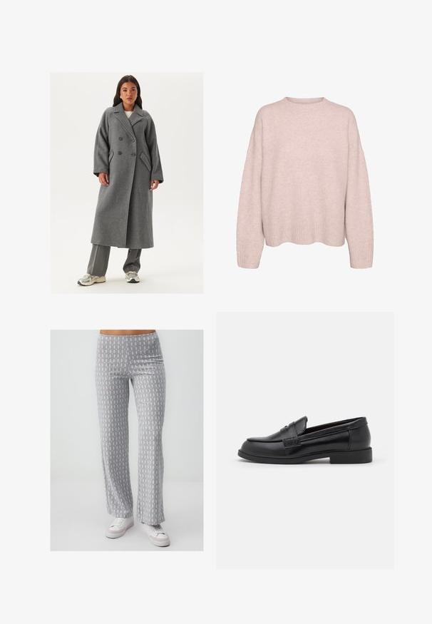 Dubbelzijdig grijs wollen jasje met brede revers, grote knopen en zijzakken. Lange, gestructureerde silhouet met een zachte textuur.; Lichtroze, lange mouw gebreide trui met geribde manchetten, zoom en een ronde ronde halslijn, weergegeven tegen een witte achtergrond.; Grijze patroonbrede broek met een zachte textuur, voorzien van een repetitief lichtblauw en bruin ontwerp. Gecombineerd met witte sneakers.; Zwarte leren loafers met een gladde textuur, ronde neus, gestikte details op de bovenkant en een lage, platte rubberen zool.
