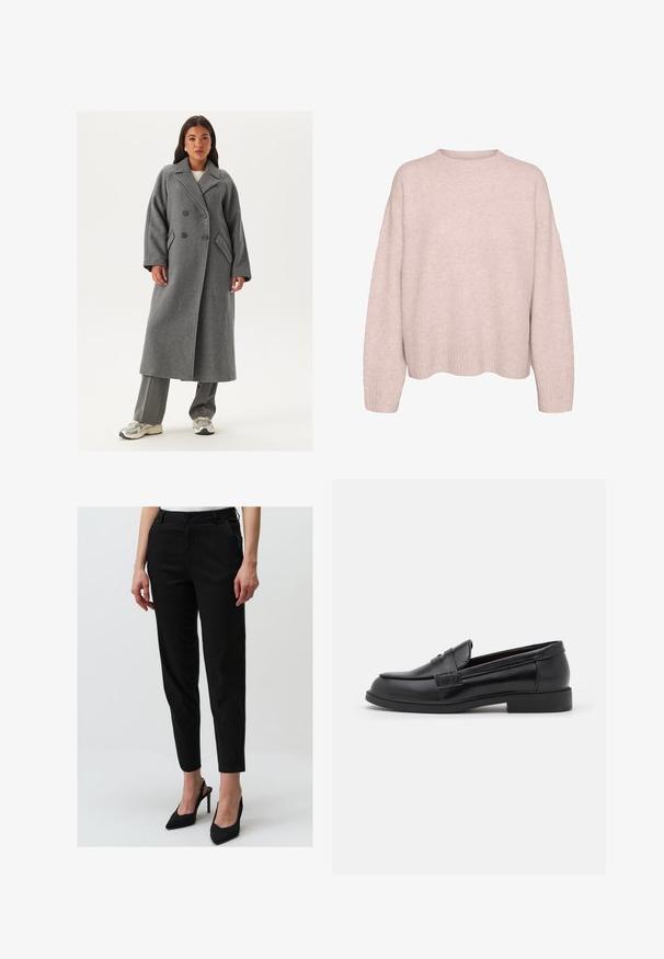 Dubbelzijdig grijs wollen jasje met brede revers, grote knopen en zijzakken. Lange, gestructureerde silhouet met een zachte textuur.; Lichtroze, lange mouw gebreide trui met geribde manchetten, zoom en een ronde ronde halslijn, weergegeven tegen een witte achtergrond.; Zwarte taps toelopende broek van katoen, met voorzakken, een knoopsluiting en een gladde textuur, gecombineerd met spitse zwarte hakken.; Zwarte leren loafers met een gladde textuur, ronde neus, gestikte details op de bovenkant en een lage, platte rubberen zool.