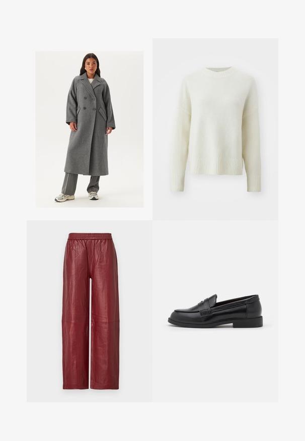 Doppelreiher grauer Wollmantel mit breiten Revers, großen Knöpfen und Seitentaschen. Lange, strukturierte Silhouette mit weichem Griff.; Hellbeige Pullover aus weichem, texturiertem Stoff. Mit runder Ausschnitt, gerippten Bündchen und Saum, lockerer Passform und überschnittenen Schultern.; Rote Leder-Hose mit weitem Bein, elastischem Bund und glatter Textur. Mit sichtbaren Nähten und einer lockeren Passform.; Schwarze Lederloafers mit glatter Textur, abgerundeter Zehenpartie, gestickten Details auf dem Obermaterial und einer niedrigen, flachen Gummisohle.