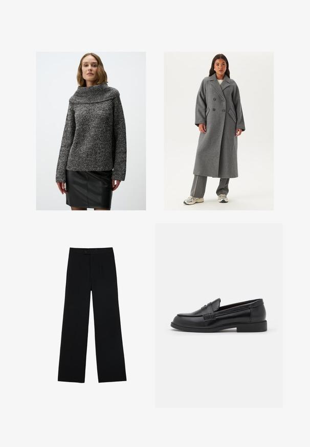 Cappotto grigio in lana doppiopetto con ampi revers, grandi bottoni e tasche laterali. Silhouette lunga e strutturata con una texture morbida.; Maglione a maglia spessa grigio scuro e nero con un ampio colletto ripiegato e maniche lunghe, abbinato a una gonna in pelle nera.; Pantaloni neri a gamba larga realizzati in tessuto morbido, con chiusura frontale a bottoni e due pieghe per un dettaglio aggiuntivo. Design su misura in generale.; Mocassini in pelle nera con una superficie liscia, punta rotonda, dettagli cuciti sulla tomaia e suola piatta in gomma bassa.