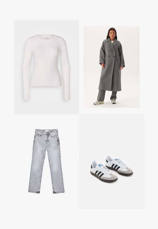 Dubbelknäppt grått yllekappa med vida revers, stora knappar och sidofickor. Lång, strukturerad silhuett med en mjuk textur.; Vit långärmad ribbad topp med rund halsringning. Tyget är slätt, med en subtil textur och figurnära design. Ingen synlig hårdvara eller mönster.; Grå denimjeans med rak benpassform, slitna detaljer, fem fickor och kopparnitar. Midjan har en logotagg.; Sportskor med överdel i vit läder, grå mocka på tårna och tre svarta ränder. Har en blå logotyp på tungan och en texturerad gummisula.