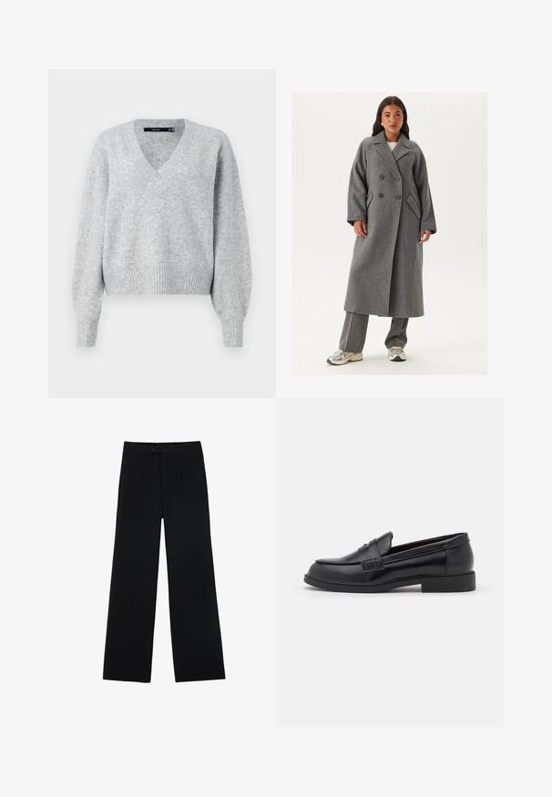 Dubbelknäppt grått yllekappa med vida revers, stora knappar och sidofickor. Lång, strukturerad silhuett med en mjuk textur.; Grå stickad tröja med V-ringning, långa puffärmar och ribbad fåll. Mjuk textur med en något lös passform, perfekt för lager på lager.; Svarta vida byxor i slätt tyg, med stängning fram med knapp och två veck för extra detalj. Skräddarsydd design överlag.; Svarta läderskor i loafermodell med en slät yta, rund tå, sydda detaljer på ovandelen och en låg, platt gummisula.