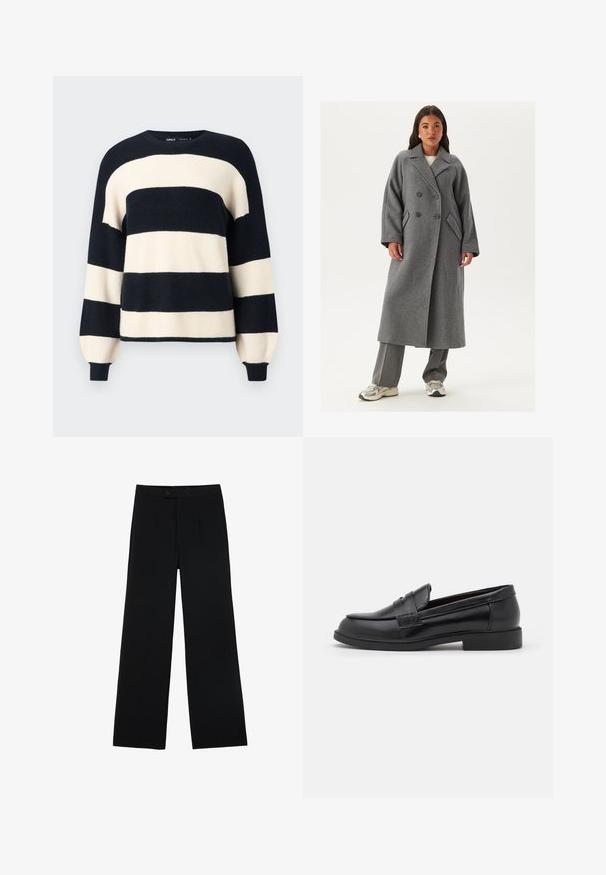Dwurzędowy szary wełniany płaszcz z szerokimi klapami, dużymi guzikami i bocznymi kieszeniami. Długa, wyrafinowana sylwetka z miękką fakturą.; Sweter w paski z szerokimi poziomymi pasami w kolorze granatowym i kremowym. Żebrowany dekolt i mankiety, luźny krój. Miękka tekstura.; Czarne szerokie spodnie wykonane z gładkiego materiału, z przodu z zapięciem na guzik i dwoma plisami dla dodatkowego wykończenia. Całość w dopasowanym kroju.; Czarne skórzane loafersy o gładkiej fakturze, zaokrąglonym nosku, wykończone przeszyciami na cholewce oraz niskiej, płaskiej gumowej podeszwie.