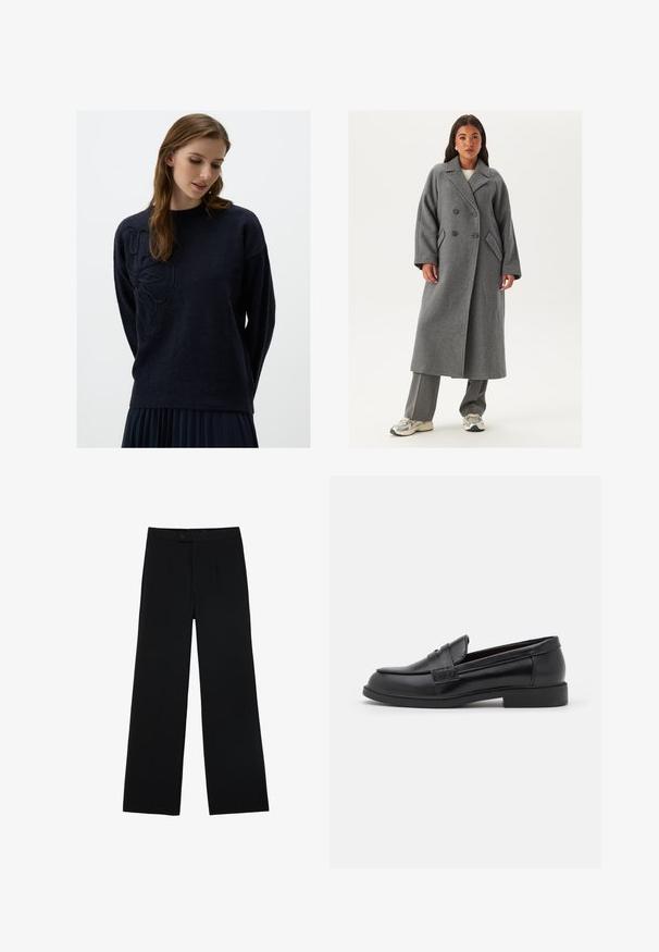 Dubbelzijdig grijs wollen jasje met brede revers, grote knopen en zijzakken. Lange, gestructureerde silhouet met een zachte textuur.; Navyblauwe trui met een ronde hals, lange mouwen en een gemêleerd bloemdesign aan de linkerkant. Zachte stof met een comfortabele pasvorm.; Zwarte wijde broek van gladde stof, met een ritssluiting aan de voorkant en twee plooien voor extra detail. Over het geheel een nauwkeurige pasvorm.; Zwarte leren loafers met een gladde textuur, ronde neus, gestikte details op de bovenkant en een lage, platte rubberen zool.