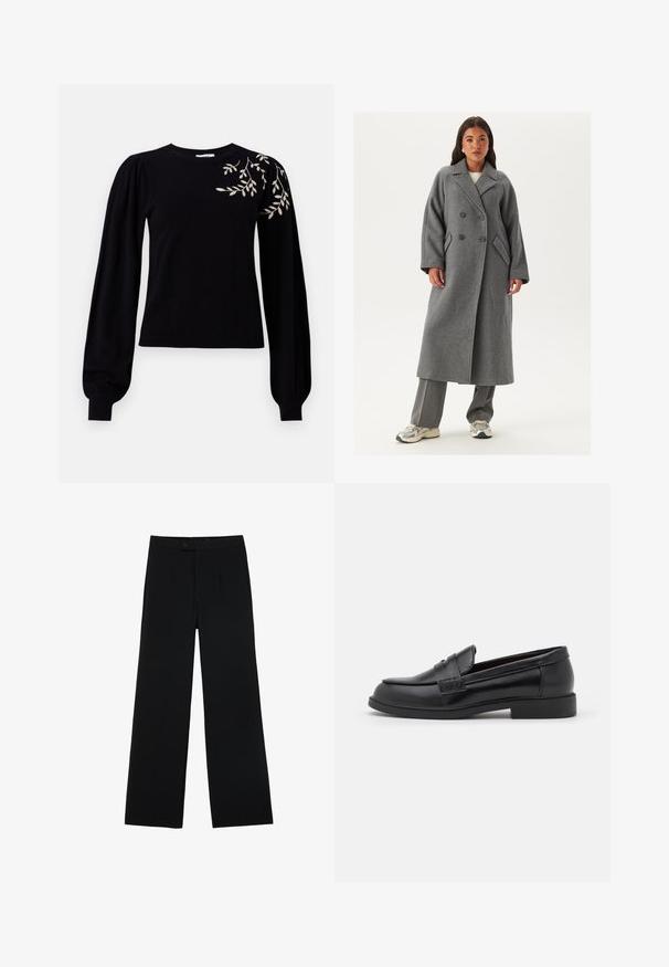 Cappotto grigio in lana doppiopetto con ampi revers, grandi bottoni e tasche laterali. Silhouette lunga e strutturata con una texture morbida.; Object OBJTHESS EMBROIDERY  - Maglione - black; Pantaloni neri a gamba larga realizzati in tessuto morbido, con chiusura frontale a bottoni e due pieghe per un dettaglio aggiuntivo. Design su misura in generale.; Mocassini in pelle nera con una superficie liscia, punta rotonda, dettagli cuciti sulla tomaia e suola piatta in gomma bassa.