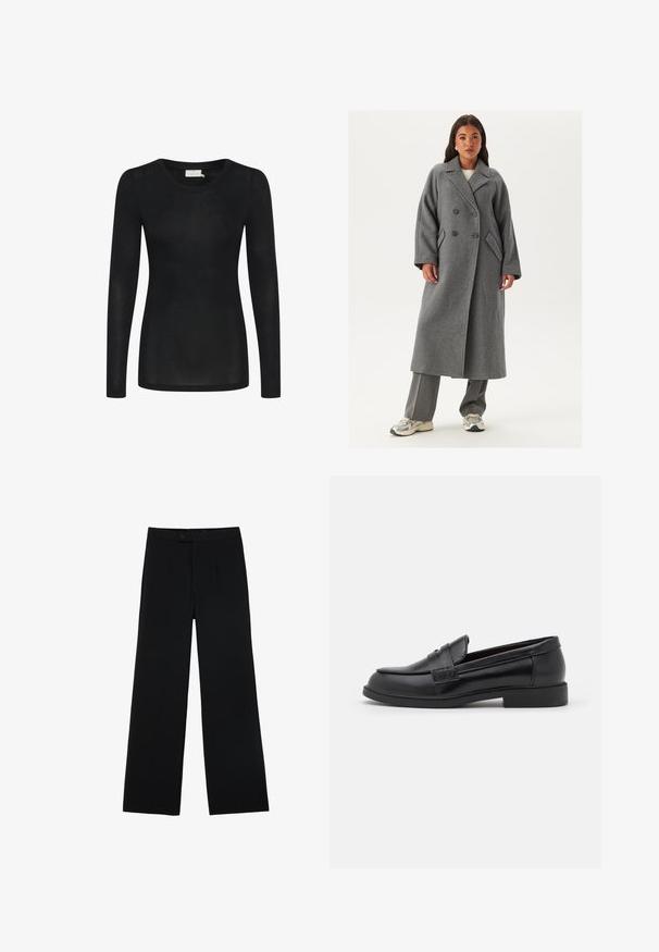 Cappotto grigio in lana doppiopetto con ampi revers, grandi bottoni e tasche laterali. Silhouette lunga e strutturata con una texture morbida.; Maglietta nera a maniche lunghe realizzata in materiale leggero e trasparente. Presenta un collo tondo e una silhouette aderente con orlo dritto.; Pantaloni neri a gamba larga realizzati in tessuto morbido, con chiusura frontale a bottoni e due pieghe per un dettaglio aggiuntivo. Design su misura in generale.; Mocassini in pelle nera con una superficie liscia, punta rotonda, dettagli cuciti sulla tomaia e suola piatta in gomma bassa.