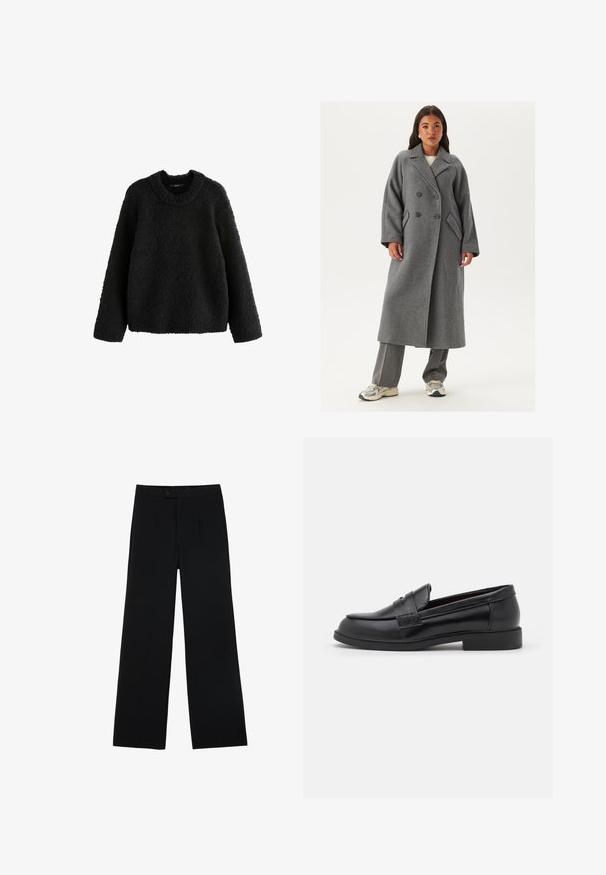 Dwurzędowy szary wełniany płaszcz z szerokimi klapami, dużymi guzikami i bocznymi kieszeniami. Długa, wyrafinowana sylwetka z miękką fakturą.; Next - Sweter; Czarne szerokie spodnie wykonane z gładkiego materiału, z przodu z zapięciem na guzik i dwoma plisami dla dodatkowego wykończenia. Całość w dopasowanym kroju.; Czarne skórzane loafersy o gładkiej fakturze, zaokrąglonym nosku, wykończone przeszyciami na cholewce oraz niskiej, płaskiej gumowej podeszwie.