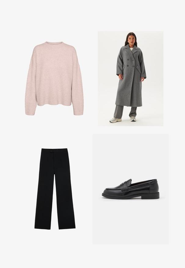 Dobbeltradet grå uldfrakke med brede klapper, store knapper og sidelommer. Lang, struktureret silhuet med en blød tekstur.; Lyserød, langærmet striktrøje med ribkant ved ærmerne, kanten og en rund halsudskæring, præsenteret mod en hvid baggrund.; Sorte vidde bukser lavet af glat stof, med en frontknaplukning og to plissee for ekstra detaljer. Skræddersyet design i det hele taget.; Sorte læder loafers med en glat overflade, rund tå, syet detalje på overdelen og en lav, flad gummisål.