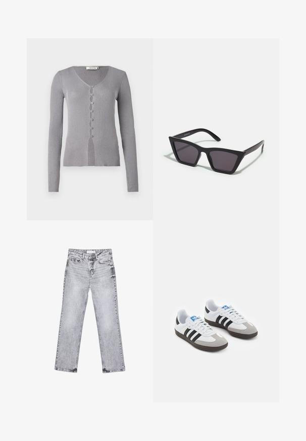 Dvouřadový šedý vlněný kabát s širokými klopami, velkými knoflíky a bočními kapsami. Dlouhá, strukturovaná silueta s měkkou texturou.; Šedý žebrovaný cardigan s dlouhými rukávy, výstřihem do V a sedmi knoflíky vpředu. Tkanina má jemnou texturu a přiléhavý střih.; Šedé džíny z denimu se střihy rovnými nohavicemi, s poškozenou úpravou, pěti kapsami a měděnými nýtky. Pasová část obsahuje logo štítek.; Sportovní boty s bílým koženým svrškem, šedou semišovou špičkou a třemi černými pruhy. Obsahují modré logo na jazyku a texturovanou gumovou podrážku.; Černé, ostré sluneční brýle s šedými skly; vyrobené z plastu, s mohutnými rameny a hladkým povrchem bez viditelného hardwaru.