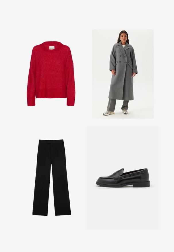 Dubbelzijdig grijs wollen jasje met brede revers, grote knopen en zijzakken. Lange, gestructureerde silhouet met een zachte textuur.; Rode gebreide trui met een ronde halslijn, dropped schouders, geribbelde onderrand en een zachte textuur, met een losse pasvorm en een lichte, luchtige uitstraling.; Zwarte wijde broek van gladde stof, met een ritssluiting aan de voorkant en twee plooien voor extra detail. Over het geheel een nauwkeurige pasvorm.; Zwarte leren loafers met een gladde textuur, ronde neus, gestikte details op de bovenkant en een lage, platte rubberen zool.