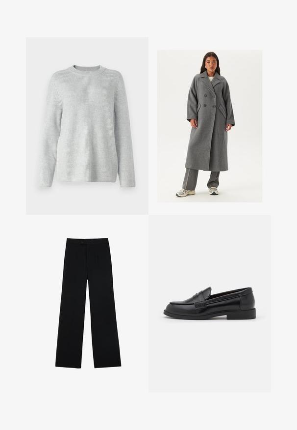 Dwurzędowy szary wełniany płaszcz z szerokimi klapami, dużymi guzikami i bocznymi kieszeniami. Długa, wyrafinowana sylwetka z miękką fakturą.; Jasnoszary sweter z prążkowanego dzianiny, z okrągłym dekoltem, długimi rękawami i luźnym krojem. Tekstura wydaje się miękka i nieco elastyczna.; Czarne szerokie spodnie wykonane z gładkiego materiału, z przodu z zapięciem na guzik i dwoma plisami dla dodatkowego wykończenia. Całość w dopasowanym kroju.; Czarne skórzane loafersy o gładkiej fakturze, zaokrąglonym nosku, wykończone przeszyciami na cholewce oraz niskiej, płaskiej gumowej podeszwie.