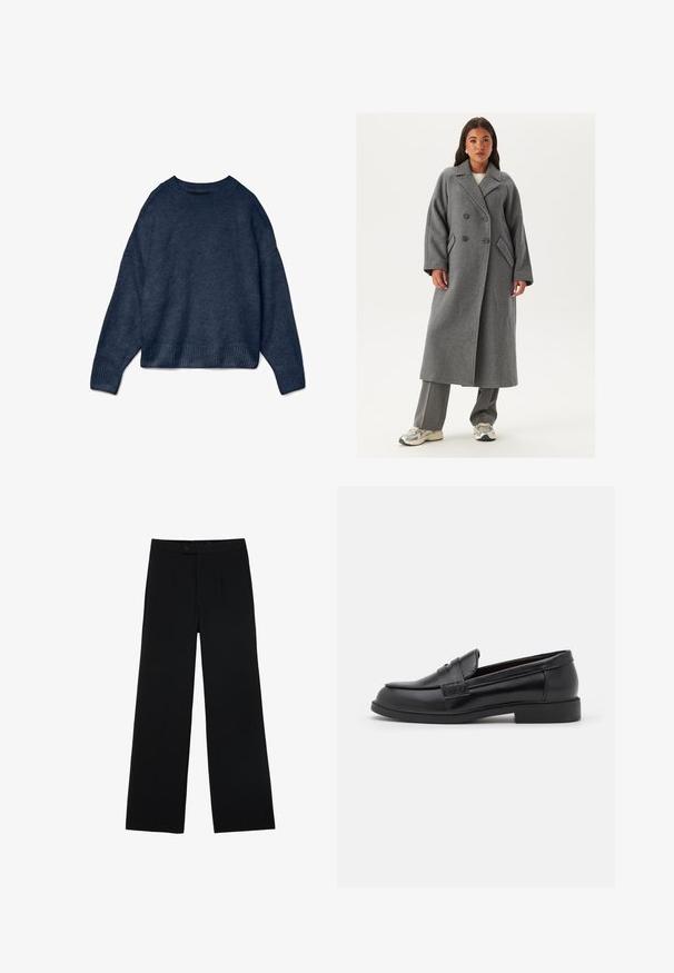 Dwurzędowy szary wełniany płaszcz z szerokimi klapami, dużymi guzikami i bocznymi kieszeniami. Długa, wyrafinowana sylwetka z miękką fakturą.; Granatowy sweter z okrągłym dekoltem i długimi rękawami, z prążkowanymi mankietami i dolnym brzegiem, wykonany z miękkiego dzianinowego materiału.; Czarne szerokie spodnie wykonane z gładkiego materiału, z przodu z zapięciem na guzik i dwoma plisami dla dodatkowego wykończenia. Całość w dopasowanym kroju.; Czarne skórzane loafersy o gładkiej fakturze, zaokrąglonym nosku, wykończone przeszyciami na cholewce oraz niskiej, płaskiej gumowej podeszwie.