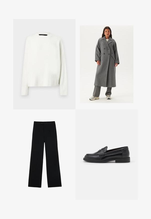 Dubbelzijdig grijs wollen jasje met brede revers, grote knopen en zijzakken. Lange, gestructureerde silhouet met een zachte textuur.; Witte gebreide trui met een ronde hals, geribbelde manchetten en zoom. Zachte textuur en een ontspannen pasvorm, met afgezakte schouders.; Zwarte wijde broek van gladde stof, met een ritssluiting aan de voorkant en twee plooien voor extra detail. Over het geheel een nauwkeurige pasvorm.; Zwarte leren loafers met een gladde textuur, ronde neus, gestikte details op de bovenkant en een lage, platte rubberen zool.