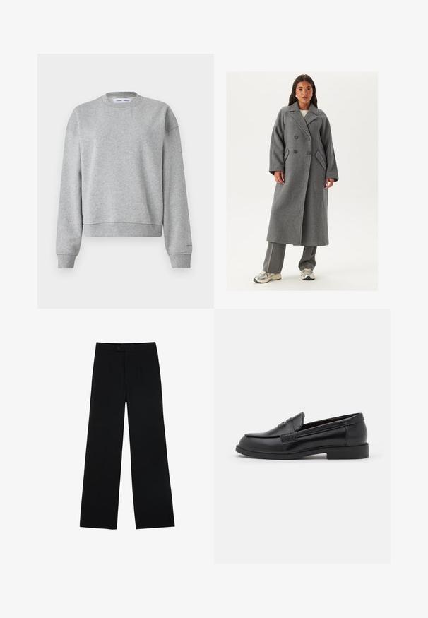Dobbeltradet grå uldfrakke med brede klapper, store knapper og sidelommer. Lang, struktureret silhuet med en blød tekstur.; Grå sweatshirt med rund halsudskæring, lange ærmer og et let cropped design. Fremstillet af blødt stof med ribbede manchetter og kant.; Sorte vidde bukser lavet af glat stof, med en frontknaplukning og to plissee for ekstra detaljer. Skræddersyet design i det hele taget.; Sorte læder loafers med en glat overflade, rund tå, syet detalje på overdelen og en lav, flad gummisål.