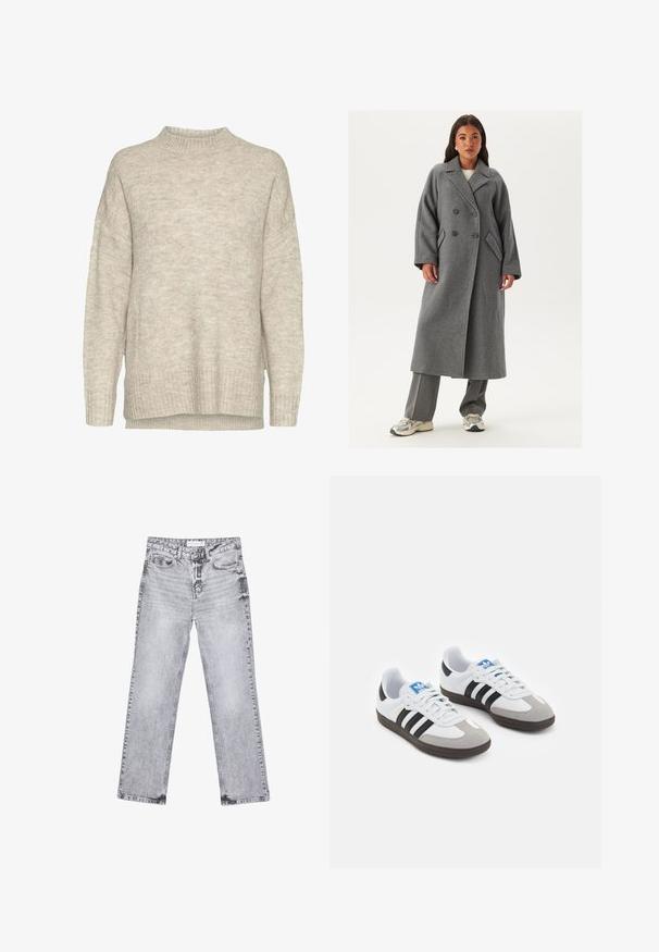 Dubbelzijdig grijs wollen jasje met brede revers, grote knopen en zijzakken. Lange, gestructureerde silhouet met een zachte textuur.; Lichtbeige gebreide trui met een hoge hals, verlaagde schouders, ribgebreide manchetten en zoom. De stof heeft een zachte, gestructureerde afwerking.; Grijze denim jeans met een rechte pijp, versleten details, vijf zakken en koperen klinknagels. De tailleband is voorzien van een logo-label.; Sportschoenen met een witte leren bovenkant, grijze suède neus en drie zwarte strepen. Bevat een blauw logo op de tong en een gestructureerde rubberen zool.
