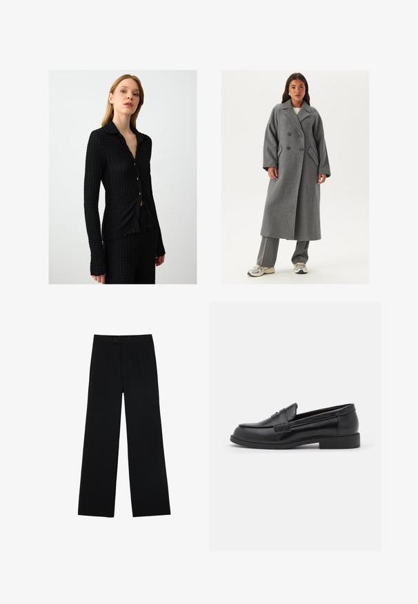 Double-breasted grey wool coat with wide lapels, large buttons, and side pockets. Long, structured silhouette with a soft texture.; Black button-up shirt with a textured fabric, long sleeves, and a collar. Features small golden buttons and a fitted design.; Black wide-leg trousers made of smooth fabric, featuring a front button closure and two pleats for added detail. Tailored design overall.; Black leather loafers with a smooth texture, rounded toe, stitched detailing on the upper, and a low, flat rubber sole.