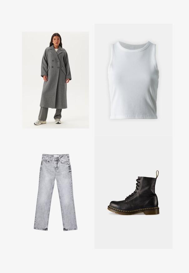 Dwurzędowy szary wełniany płaszcz z szerokimi klapami, dużymi guzikami i bocznymi kieszeniami. Długa, wyrafinowana sylwetka z miękką fakturą.; Biała, prążkowana koszulka na ramiączkach z okrągłym dekoltem i bez rękawów, z prostym dołem i gładką, elastyczną teksturą.; Szare dżinsy o prostym kroju nogawki, z przetarciami, pięcioma kieszeniami i miedzianymi nitami. Pasek w talii posiada metkę z logo.; Czarne skórzane buty za kostkę z okrągłym noskiem, żółtymi przeszyciami wzdłuż podeszwy oraz pętelką z tyłu. Chropowata faktura, masywna podeszwa.