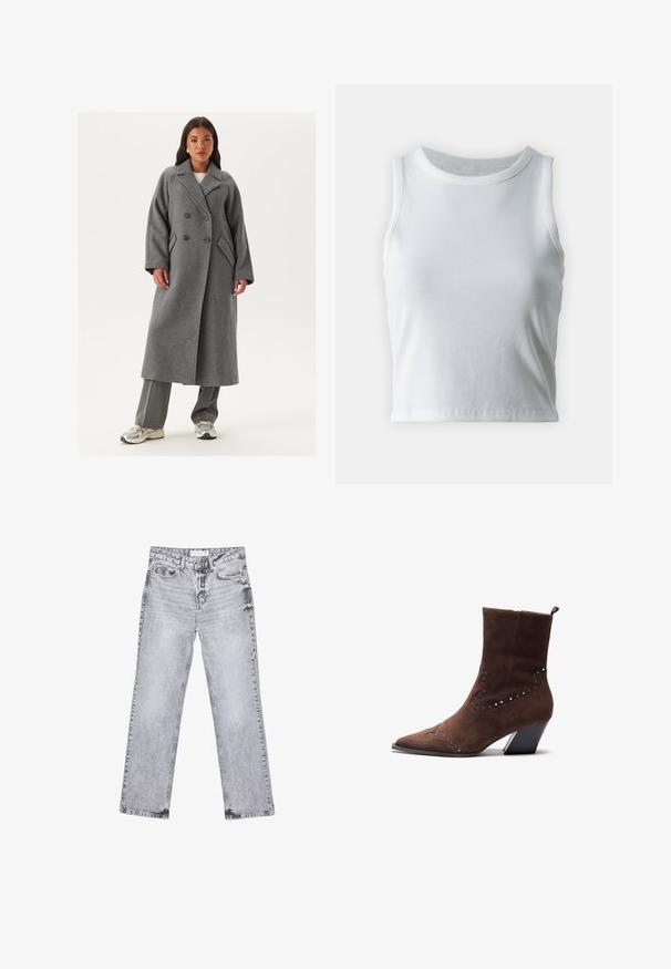 Dvouřadový šedý vlněný kabát s širokými klopami, velkými knoflíky a bočními kapsami. Dlouhá, strukturovaná silueta s měkkou texturou.; Bílý žebrovaný tílko s kulatým výstřihem a bezramínkovým designem, s rovnými lemy a hladkou, elastickou strukturou.; Šedé džíny z denimu se střihy rovnými nohavicemi, s poškozenou úpravou, pěti kapsami a měděnými nýtky. Pasová část obsahuje logo štítek.; Hnědé semišové kotníkové boty s špičatou špičkou, zdobené stříbrnými nýty v dekorativním vzoru a s vrstvovým podpatkem pro stabilitu.