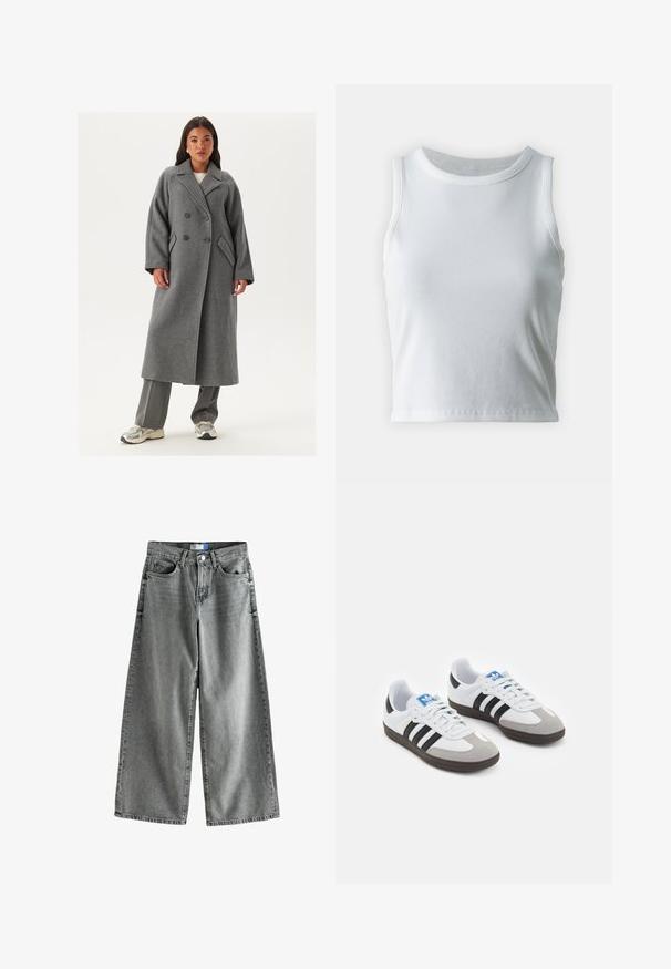 Dubbelzijdig grijs wollen jasje met brede revers, grote knopen en zijzakken. Lange, gestructureerde silhouet met een zachte textuur.; Witte geribde tanktop met een ronde halslijn en mouwloos ontwerp, voorzien van een rechte zoom en een gladde, rekbare textuur.; Wijde broekspijpen in vervaagd grijs denim, met een hoge taille, vijf zakken en subtiele slijtage-details.; Sportschoenen met een witte leren bovenkant, grijze suède neus en drie zwarte strepen. Bevat een blauw logo op de tong en een gestructureerde rubberen zool.