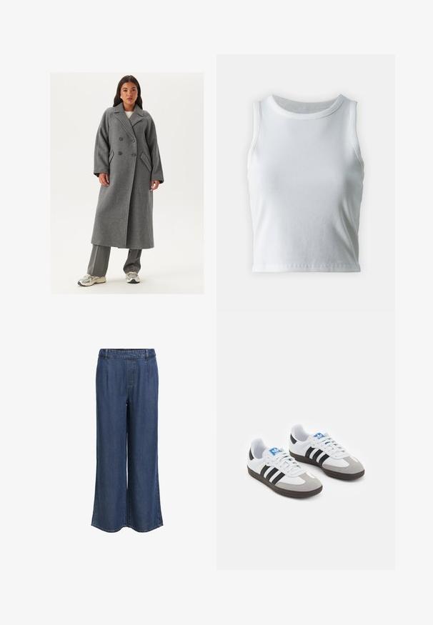 Dvouřadový šedý vlněný kabát s širokými klopami, velkými knoflíky a bočními kapsami. Dlouhá, strukturovaná silueta s měkkou texturou.; Bílý žebrovaný tílko s kulatým výstřihem a bezramínkovým designem, s rovnými lemy a hladkou, elastickou strukturou.; Džíny s rovnými nohavicemi v tmavě modré barvě, s elastickým pasem a poutky na opasek, bez viditelných kapes, zobrazené na bílém pozadí.; Sportovní boty s bílým koženým svrškem, šedou semišovou špičkou a třemi černými pruhy. Obsahují modré logo na jazyku a texturovanou gumovou podrážku.