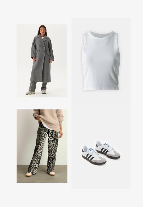 Manteau en laine gris à double boutonnage avec larges revers, grands boutons et poches latérales. Silhouette longue et structurée avec une texture douce.; Débardeur blanc côtelé avec un décolleté rond et sans manches, présentant un ourlet droit et une texture lisse et extensible.; Pantalons à motif animal en noir et gris avec une coupe large, en tissu doux, associés à un pull en tricot beige et des chaussures claires.; Baskets avec une tige en cuir blanc, un bout en daim gris et trois bandes noires. Présente un logo bleu sur la languette et une semelle en caoutchouc texturée.