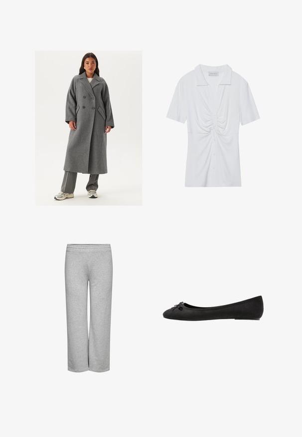 Dvouřadový šedý vlněný kabát s širokými klopami, velkými knoflíky a bočními kapsami. Dlouhá, strukturovaná silueta s měkkou texturou.; Bílá blůza s krátkým rukávem a límečkem, se zkrouceným uzlem na přední straně a zapínáním na knoflíky. Hladká žebrovaná textura.; Šedé teplákové kalhoty se širokým střihem, měkkou texturou a elastickým pasem, bez viditelných vzorů nebo kovových detailů.; Černé semišové baleríny s kulatou špičkou, zdobené mašlí vpředu a plochou podrážkou. Hladký povrch a klasický tvar.
