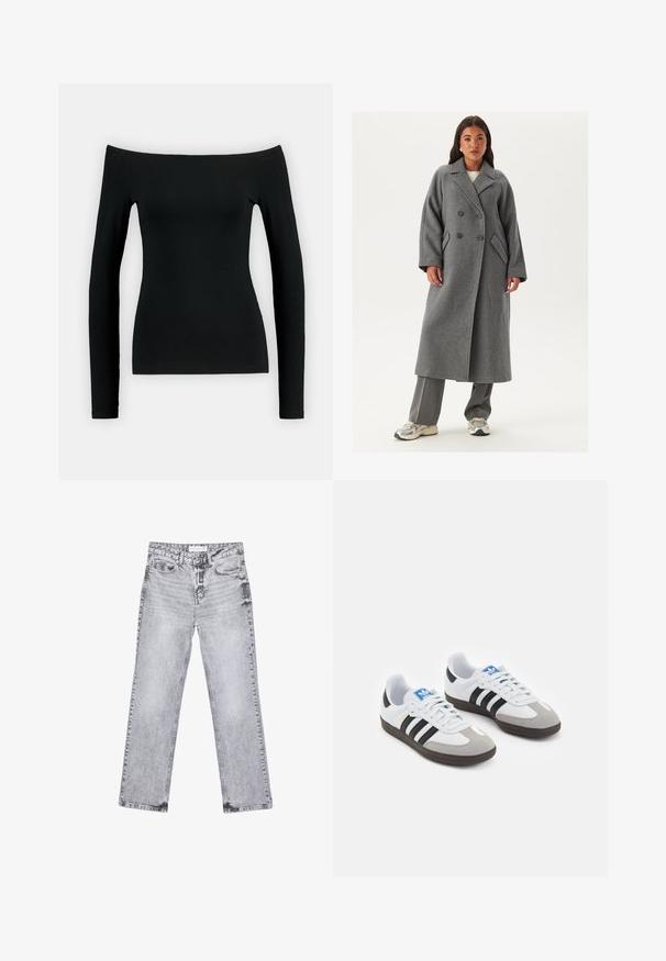 Dobbeltradet grå uldfrakke med brede klapper, store knapper og sidelommer. Lang, struktureret silhuet med en blød tekstur.; Sort langærmet top med off-shoulder design. Fremstillet af glat stof, har det en tætsiddende form og sømløs konstruktion.; Grå denim jeans med lige ben, distressed detaljer, fem lommer og kobbernitter. Taljebåndet har et logomærke.; Sportsko med en overdel i hvid læder, grå ruskind på tåen og tre sorte striber. Har et blåt logo på tungen og en struktureret gummisål.