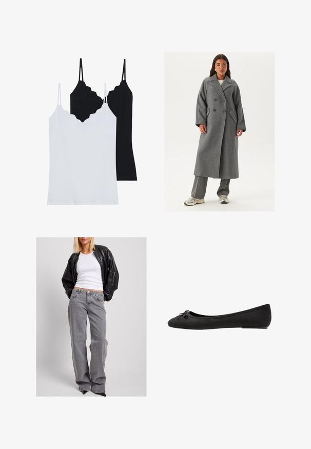 Dobbeltradet grå uldfrakke med brede klapper, store knapper og sidelommer. Lang, struktureret silhuet med en blød tekstur.; To camisole-toppe i sort og hvid, lavet af blødt stof, med scallopkanter og tynde justerbare stropper.; Sort lær bomberjakke, hvid ribbet tanktop og højtaljede grå denimjeans med loose fit, diskret syninger og smarte lommer.; Sorte ruskind ballet flats med rund tå, prydet med en dekorativ sløjfe på forsiden og flad sål. Glat tekstur og klassisk form.