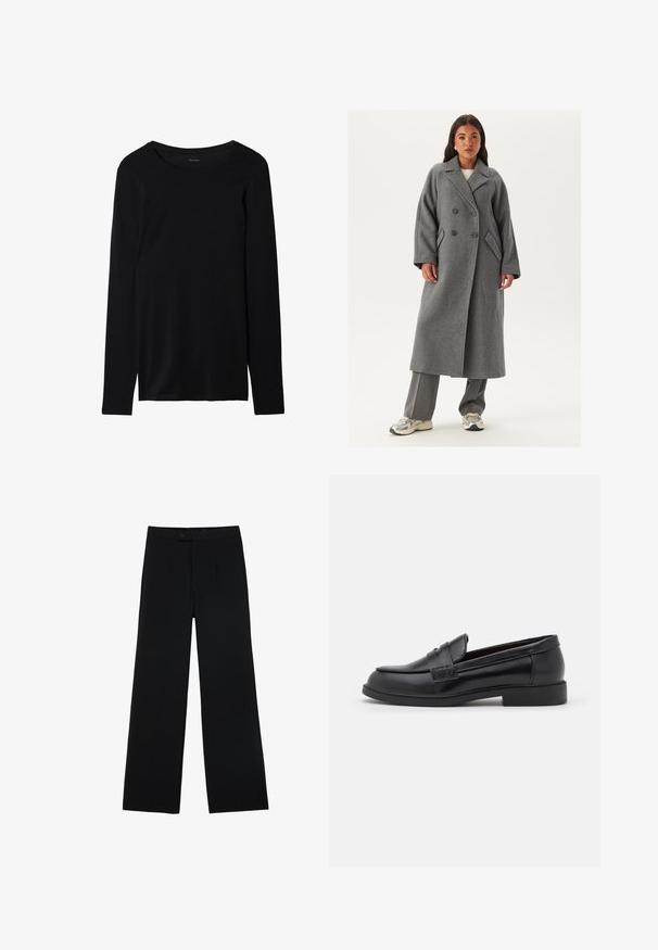 Dvouřadový šedý vlněný kabát s širokými klopami, velkými knoflíky a bočními kapsami. Dlouhá, strukturovaná silueta s měkkou texturou.; Černé tričko s dlouhým rukávem vyrobené z měkké tkaniny s kulatým výstřihem a hladkou texturou. Obsahuje jednoduchý, minimalistický design.; Černé kalhoty širokého střihu vyrobené z hladkého materiálu, s předním zapínáním na knoflík a dvěma sklady pro zvýraznění detailu. Celkově střižený design.; Černé kožené mokasíny s hladkým povrchem, zaoblenou špičkou, prošitím na svršku a nízkou plochou gumovou podrážkou.