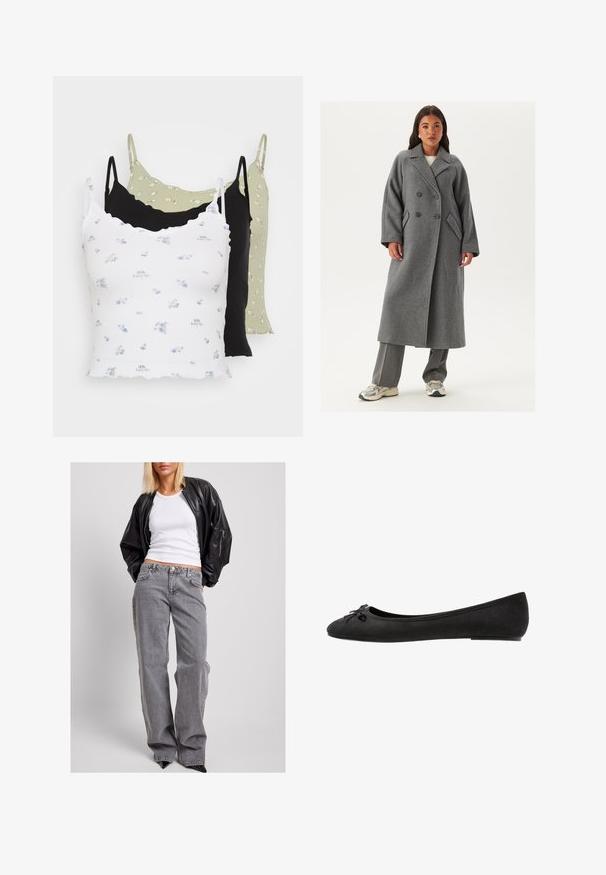 Dubbelknäppt grått yllekappa med vida revers, stora knappar och sidofickor. Lång, strukturerad silhuett med en mjuk textur.; Tre linnen i vitt, svart och olivgrönt. Vitt med blå blommönster, svart ribbat och olivgrönt med små blommor.; Svart läderbombarjacka, vit ribbad linne och hög midja grå denimjeans med lös passform, subtila sömmar och fickor med accent.; Svarta mocka ballerinas med rund tå, prydda med en dekorativ rosett framtill och en platt sula. Slät yta och klassisk form.