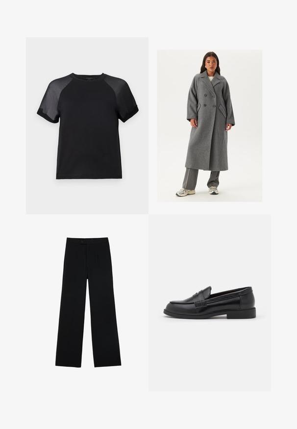 Dvouřadový šedý vlněný kabát s širokými klopami, velkými knoflíky a bočními kapsami. Dlouhá, strukturovaná silueta s měkkou texturou.; AllSaints ANNIE TEE - Jednoduché tričko - black; Černé kalhoty širokého střihu vyrobené z hladkého materiálu, s předním zapínáním na knoflík a dvěma sklady pro zvýraznění detailu. Celkově střižený design.; Černé kožené mokasíny s hladkým povrchem, zaoblenou špičkou, prošitím na svršku a nízkou plochou gumovou podrážkou.