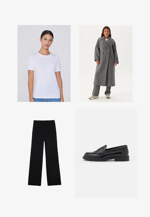 Doppelreiher grauer Wollmantel mit breiten Revers, großen Knöpfen und Seitentaschen. Lange, strukturierte Silhouette mit weichem Griff.; Weißes Kurzarm-T-Shirt aus weichem Stoff, mit runder Ausschnitt und taillierter Silhouette, vor einem neutralen Hintergrund präsentiert.; Schwarze weit geschnittene Hosen aus glattem Stoff, mit einem Frontknopfverschluss und zwei Falten für zusätzliche Details. Maßgeschneiderter Gesamteindruck.; Schwarze Lederloafers mit glatter Textur, abgerundeter Zehenpartie, gestickten Details auf dem Obermaterial und einer niedrigen, flachen Gummisohle.