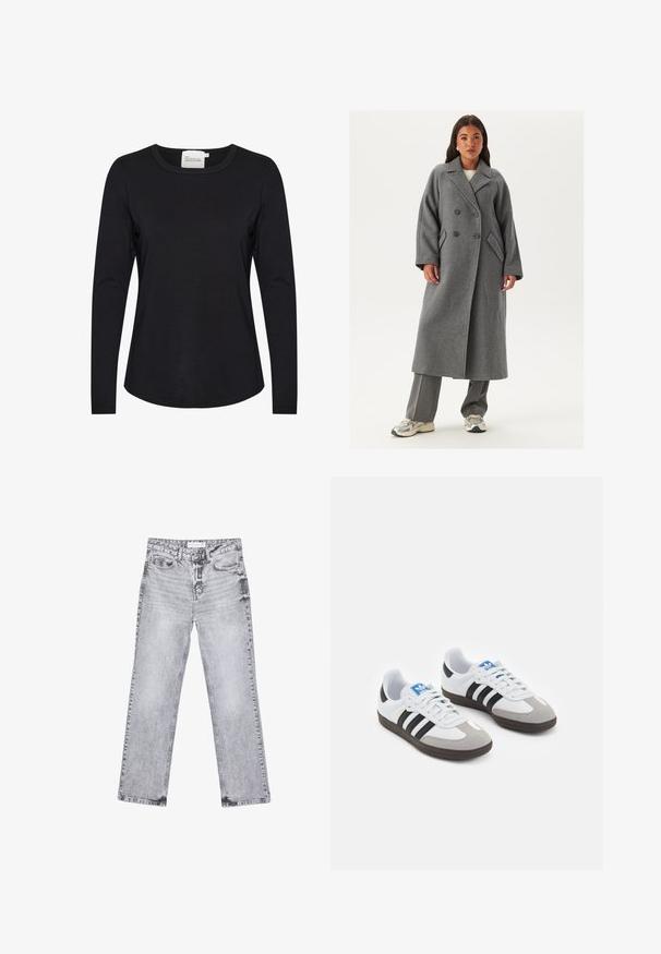 Doppelreiher grauer Wollmantel mit breiten Revers, großen Knöpfen und Seitentaschen. Lange, strukturierte Silhouette mit weichem Griff.; Schwarzes Langarmshirt aus glattem Stoff, mit rundem Halsausschnitt und leicht geschwungenem Saum, sowie minimalen Nahtdetails.; Graue Jeans aus Denim mit geradem Bein, mit Used-Effekten, fünf Taschen und kupferfarbenen Nieten. Der Bund verfügt über ein Logoshirt.; Sportschuhe mit einem Obermaterial aus weißem Leder, grauer Wildleder-Zehenkappe und drei schwarzen Streifen. Sie verfügen über ein blaues Logo auf der Zunge und eine strukturierte Gummisohle.