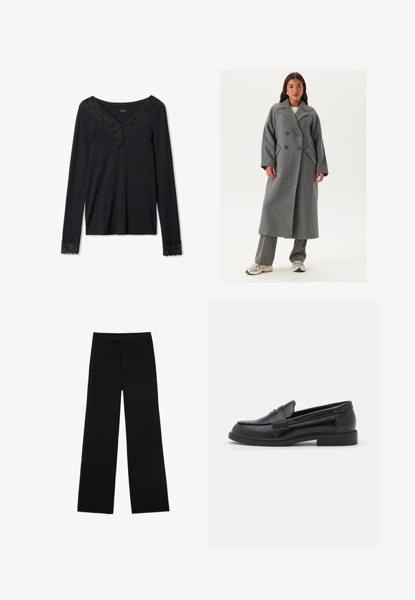 Dwurzędowy szary wełniany płaszcz z szerokimi klapami, dużymi guzikami i bocznymi kieszeniami. Długa, wyrafinowana sylwetka z miękką fakturą.; Czarna bluzka z długimi rękawami z koronkowym wykończeniem przy dekolcie i mankietach. Miękki materiał o luźnym kroju i fasonie w serek.; Czarne szerokie spodnie wykonane z gładkiego materiału, z przodu z zapięciem na guzik i dwoma plisami dla dodatkowego wykończenia. Całość w dopasowanym kroju.; Czarne skórzane loafersy o gładkiej fakturze, zaokrąglonym nosku, wykończone przeszyciami na cholewce oraz niskiej, płaskiej gumowej podeszwie.