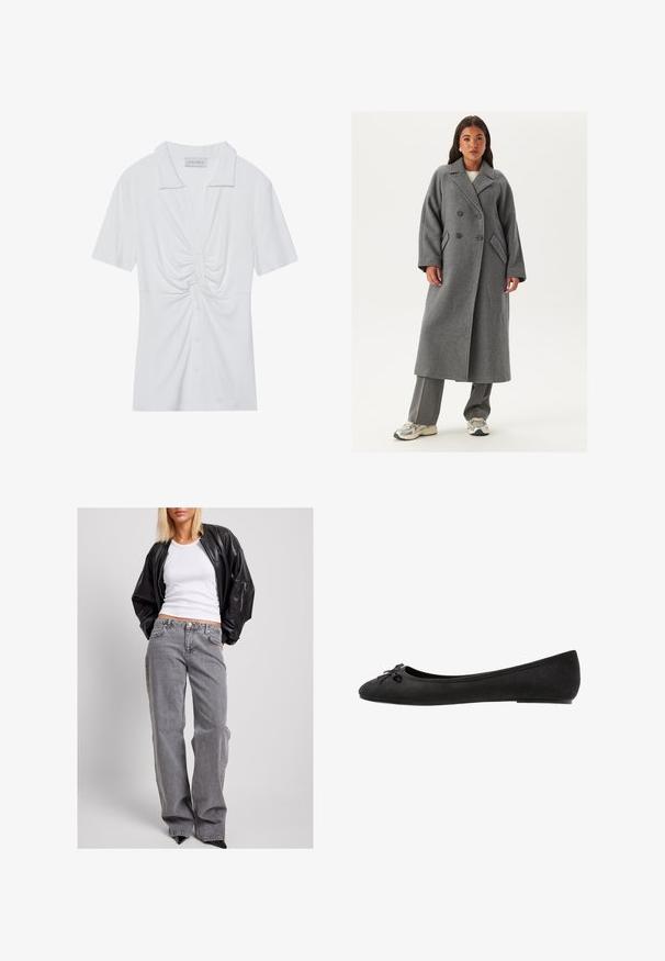 Dubbelzijdig grijs wollen jasje met brede revers, grote knopen en zijzakken. Lange, gestructureerde silhouet met een zachte textuur.; Witte blouse met korte mouwen en kraag, met een gedraaid knooppuntdetail aan de voorkant en een knoopsluiting. Glad ribbeltextuur.; Zwart leren bomberjack, witte geribde tanktop en hoogwaisted grijze denim jeans met een losse pasvorm, subtiele stiksels en accentzakken.; Zwarte suède ballerina's met een ronde neus, voorzien van een decoratieve strik aan de voorkant en een platte zool. Glad textuur en klassieke vorm.