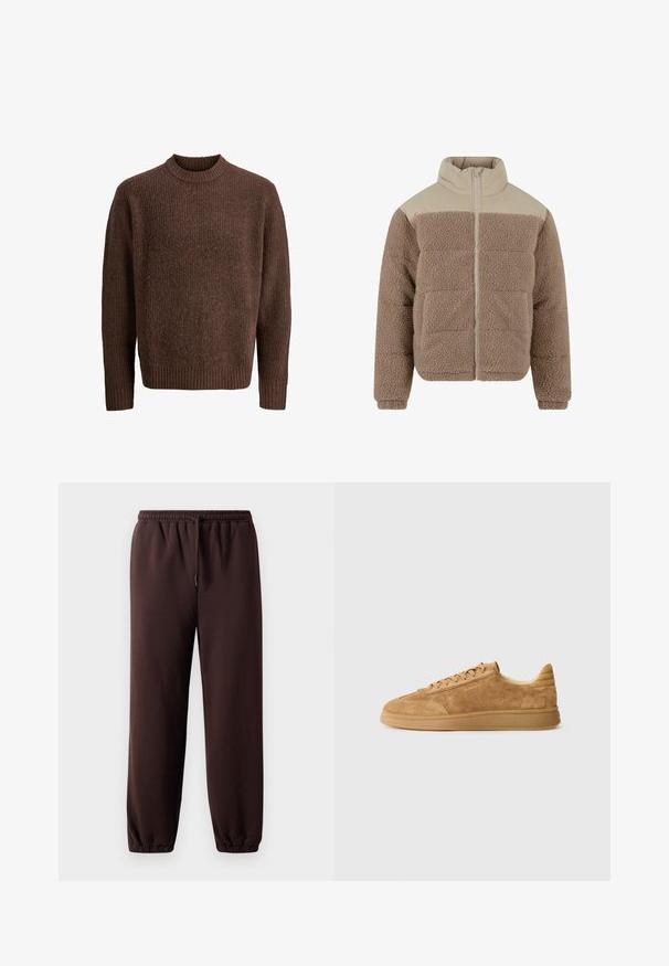 Urban Classics Giacca invernale - darktaupe; Maglione lavorato a maglia marrone con un motivo testurizzato, scollatura a girocollo a costine e maniche lunghe. Realizzato in materiale morbido e caldo.; Pantaloni jogger marroni con vita regolabile, polsini elasticizzati e morbido materiale di cotone. Presentano una vestibilità rilassata e un design minimal.; Sneaker in suede tan con suole in gomma, punta arrotondata e lacci tono su tono. Presenta cuciture sottili e un marchio laterale. Design a profilo basso.